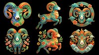 Six ornate ram and goat zodiac clipart set in vibrant folk art style, isolated on transparent background. Great for stickers, t-shirt design, print on demand.