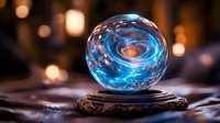 Mystical crystal ball with swirling blue energy patterns on ornate wooden base against warm bokeh lights background for fortune telling and spiritual concepts.