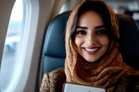 Middle Eastern woman wearing hijab smiling while sitting in airplane seat near window, holding digital tablet, dressed in traditional clothing and headscarf.