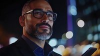 Professional middle aged African American businessman with glasses looking at mobile phone screen at night, illuminated by city lights and bokeh background.