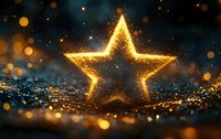 Glowing golden star shape with sparkling particles against dark background, festive bokeh lights creating magical holiday atmosphere.
