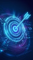 Glowing blue digital target with arrow hitting bullseye center surrounded by futuristic holographic interface elements for business strategy concepts.
