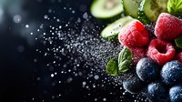 Fresh berries and avocado with water drops on dark background, macro shot with selective focus and bokeh lights, healthy food ingredients.