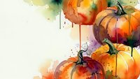 Watercolor pumpkins with autumn colors and paint splatters on white background for seasonal harvest decorations and fall themed designs.