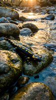 Fire salamander with yellow spots resting on wet rocks in mountain stream during golden hour sunlight creating peaceful wildlife nature scene.