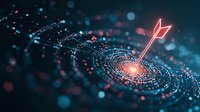 Glowing arrow hitting digital particle spiral target with blue and red bokeh lights on dark background, representing business goal achievement and precision.