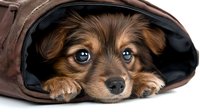 Adorable brown and black puppy with bright blue eyes peeking out from brown travel carrier, showing sweet expression and fluffy fur. For pet care and travel concepts.