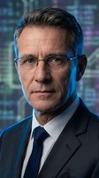 Middle-aged Caucasian male professional wearing glasses and dark business suit with navy tie against digital technology background. Corporate executive portrait for business, finance, and technology sectors.