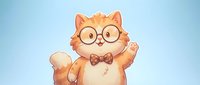 Cute orange tabby cat character wearing glasses and bow tie waving hello on light blue background for children's books and educational materials.