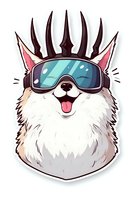 Smiling white fluffy fox wearing ski goggles and spiky punk rock crown on isolated background, cartoon style character for stickers, prints and merchandise design.