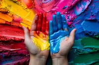 Hands covered in vibrant rainbow paint colors against abstract textured background showing creative expression through messy artistic exploration and colorful play.