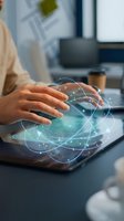 Person with medium skin tone using tablet with holographic globe interface displaying global network connections and digital data visualization in modern office workspace.