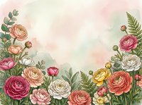 Watercolor ranunculus flowers frame with soft pastel background for wedding invitations, greeting cards, and romantic design projects.