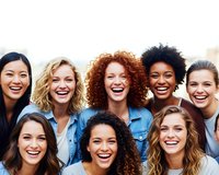 Diverse group of happy young women laughing together outdoors, multiethnic female friends enjoying social gathering, friendship and joy concept.