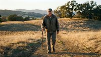 Senior Caucasian man with walking stick hiking through golden grassland at sunset with rolling hills and oak trees in peaceful countryside landscape.