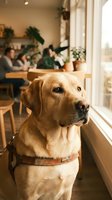 Golden labrador retriever dog sitting by window in cozy cafe with blurred people working in background. Warm natural lighting creates peaceful atmosphere.