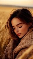 Young woman with flowing brown hair wearing cozy knit sweater in golden wheat field during warm sunset light creating peaceful autumn atmosphere.