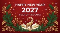 Festive New Year 2027 greeting card featuring golden goat silhouette, snowflakes, and ornamental foliage on deep red background. Suitable for holiday cards, social media posts, and seasonal marketing materials.