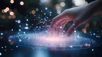 Mystical hand touching glowing spiral galaxy with sparkling stardust and light particles against dark background, cosmic energy visualization.