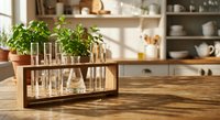 Fresh green herbs growing in glass test tubes within wooden rack on kitchen counter creating modern indoor gardening display for culinary use.