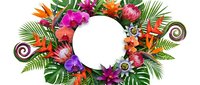 Tropical floral frame with vibrant hibiscus, bird of paradise and palm leaves surrounding white circle for text or logo design.