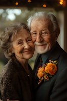Happy elderly Caucasian couple embracing at wedding anniversary celebration with orange flower boutonniere and warm bokeh lighting background.