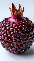 Fresh ripe pomegranate macro shot showing detailed texture of juicy red seeds and crown against light background, suitable for food industry marketing.