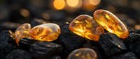 Amber gemstones with ancient insects trapped inside resting on dark coal surface with warm golden bokeh lights creating luxurious jewelry display atmosphere.