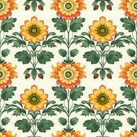 Seamless floral pattern with orange and yellow daisy-like flowers and green leaves arranged in symmetrical rows on cream background, repeating botanical design.