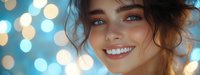 Young woman with bright smile and blue eyes against blurred bokeh lights background, radiating happiness and joy in warm evening atmosphere.