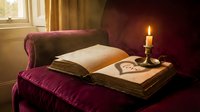 Open antique book on a velvet armchair with a candle casting a heart-shaped shadow and the word love, evoking romance and nostalgia.
