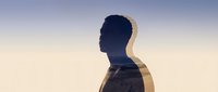 Man silhouette with double exposure desert landscape overlay, profile view against sunset sky. Suitable for psychology, mindfulness, and conceptual design projects.
