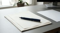 Modern office workspace with open notebook and black pen on white desk for business planning and professional writing tasks.