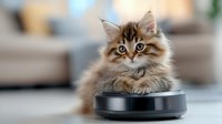 Fluffy brown tabby kitten with big eyes sitting on robotic vacuum cleaner, looking curious against blurred home interior background.