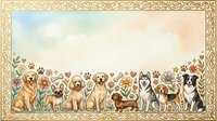 Adorable group of cartoon dogs sitting in flower meadow with decorative golden border frame for pet lover designs and greeting cards.