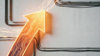 Glowing neon arrow pointing upward on white wall with industrial pipes, representing growth, success, and direction for business and technology concepts.