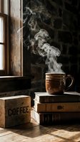 Steaming ceramic mug on stacked vintage books beside a rustic wooden coffee sign, warm moody light from window on stone wall background.