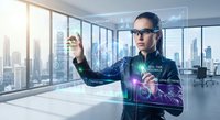 Young Asian businessman in dark suit using futuristic holographic interface technology in modern office with city skyline view through windows.