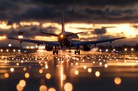 Commercial airplane landing on illuminated runway at sunset with dramatic cloudy sky and golden airport lights creating atmospheric aviation scene.