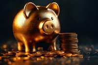 Golden piggy bank with stack of coins on dark background, symbolizing wealth, savings and financial success. Money management concept with warm metallic glow.
