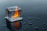 Fire flame frozen inside transparent ice cube with water droplets on dark surface creating dramatic contrast between hot and cold elements.