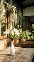 White lilies in ceramic vase on rustic wooden table with hanging air plants and potted herbs creating cozy outdoor living space atmosphere.