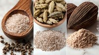 Aromatic spices collage with pink salt, cardamom pods and nutmeg on light background, natural seasoning ingredients for cooking and baking.