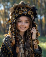 Young Asian woman wearing ornate traditional headdress with beads, fur and tassels in black and gold colors smiling at camera in outdoor autumn setting.