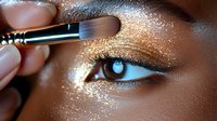 Professional makeup artist applying shimmering golden eyeshadow on African American model with striking blue contact lenses, close-up beauty shot for cosmetics advertising.