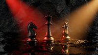 Chess pieces knight king and bishop standing on wet reflective surface with dramatic red and golden lighting creating strategic game atmosphere.