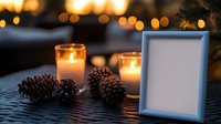 Cozy winter evening setting with glowing candles, pine cones and empty blue photo frame on dark textured surface against warm bokeh lights background.