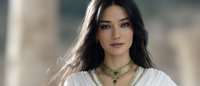 Young Asian woman with long dark hair wearing white dress and emerald necklace looking at camera with gentle smile against blurred background.