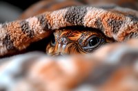 Close-up macro photograph of turtle eye with intricate patterns and scales, showing detailed texture and vibrant orange and brown colors in natural lighting.