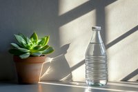 Green succulent plant in clay pot and water bottle on windowsill with dramatic window shadow lines creating minimalist composition in morning light.